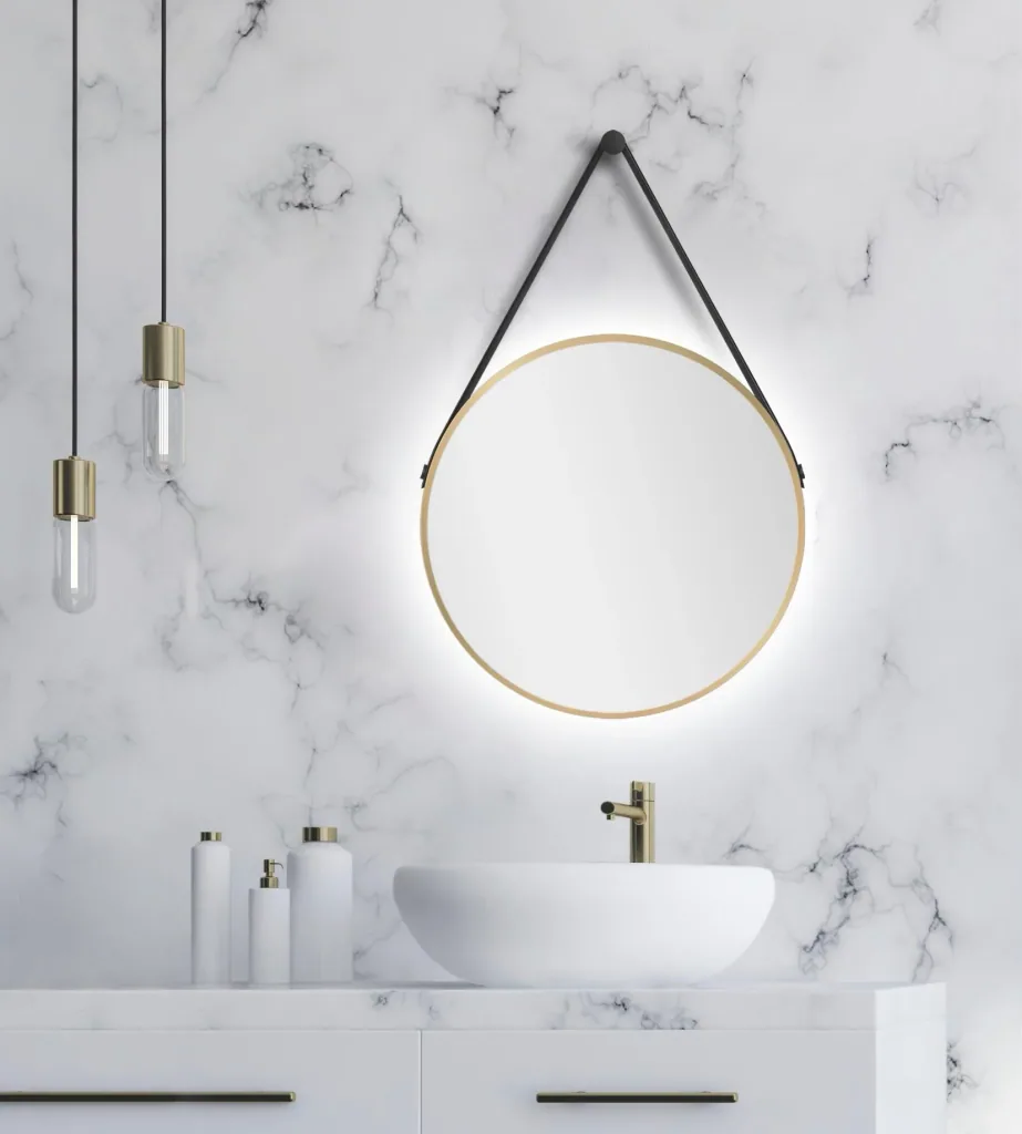 Decorative round wall mirror with indirect LED lighting in matt gold Ø 50 cm