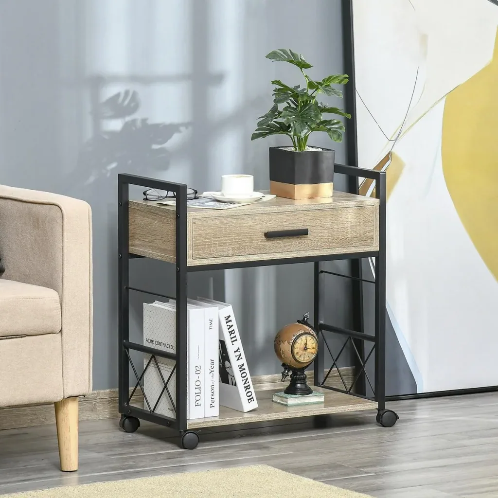 Side table serving trolley with wheels kitchen trolley coffee table with drawer storage sideboard movable chipboard natural