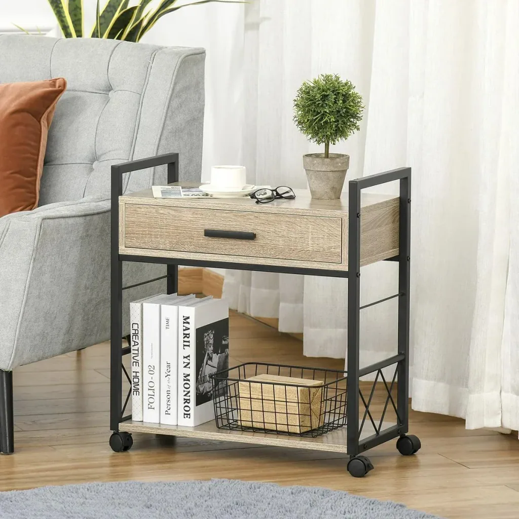 Side table serving trolley with wheels kitchen trolley coffee table with drawer storage sideboard movable chipboard natural