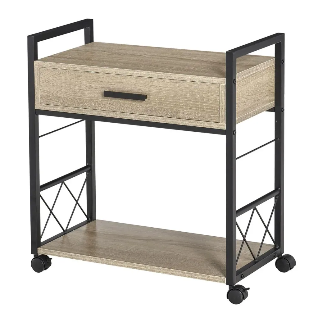 Side table serving trolley with wheels kitchen trolley coffee table with drawer storage sideboard movable chipboard natural