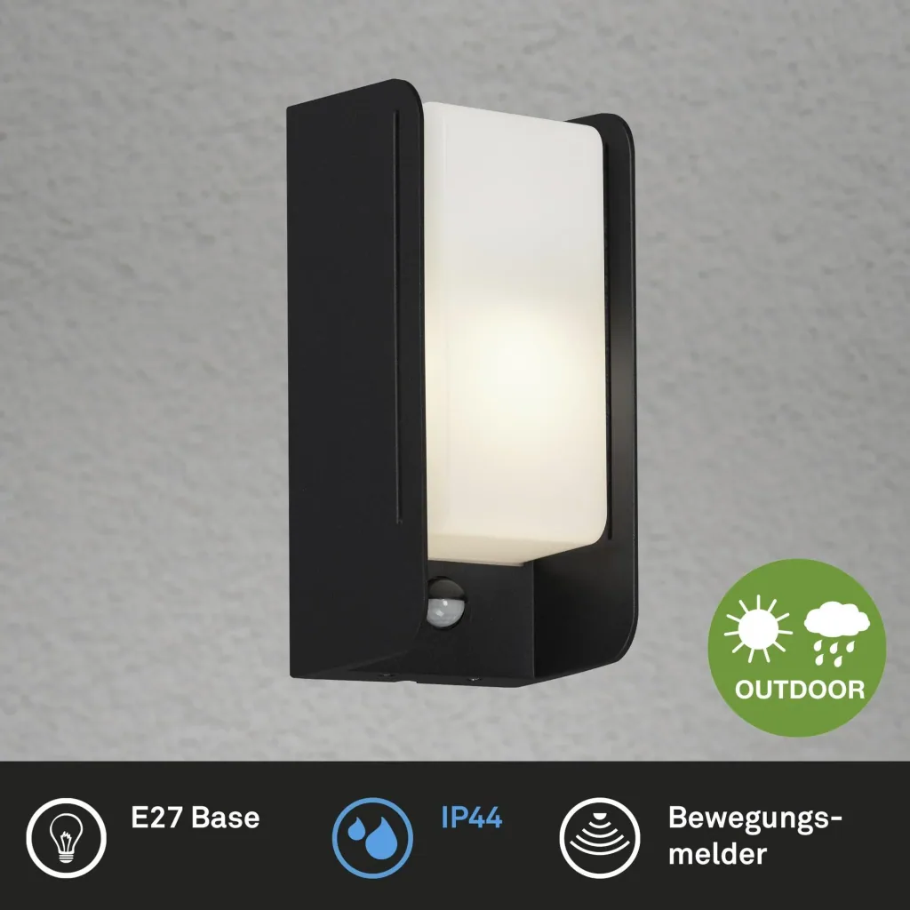 BOKS outdoor light with motion detector, black, IP44, E27 socket
