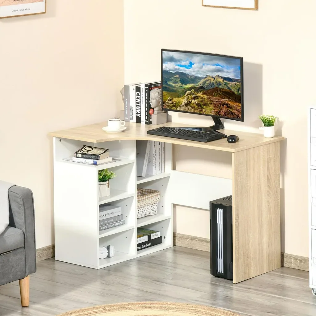 Corner desk, angled desk, PC table, computer table, office table with shelf and drawer, L-shaped chipboard, white+oak