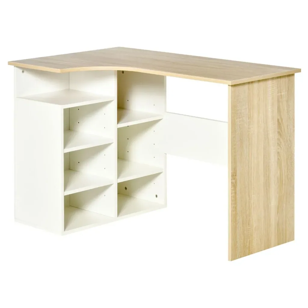 Corner desk, angled desk, PC table, computer table, office table with shelf and drawer, L-shaped chipboard, white+oak