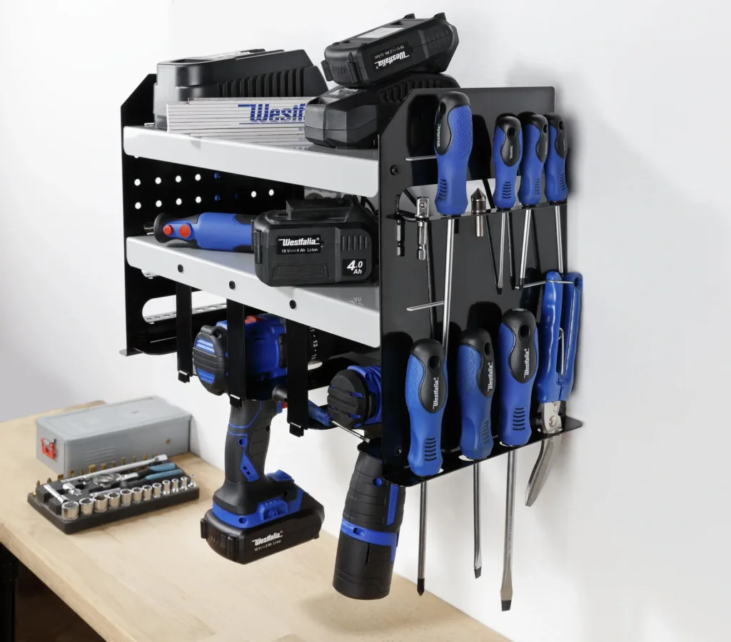Workshop wall shelf for power and hand tools