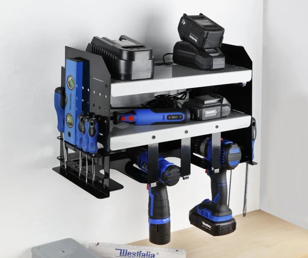 Workshop wall shelf for power and hand tools