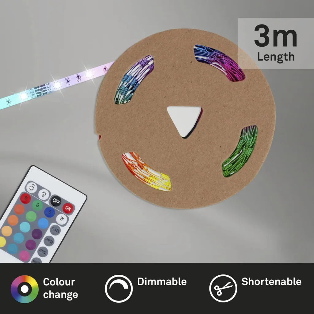 RGB LED strip, 3m, 90 RGB LEDs, 1A power supply, flexible, self-adhesive, universally shortenable