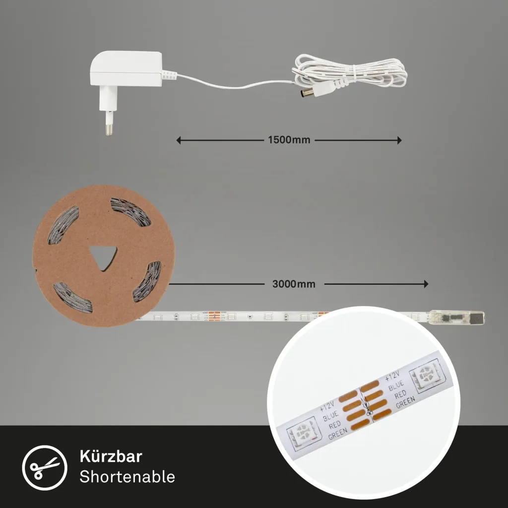 RGB LED strip, 3m, 90 RGB LEDs, 1A power supply, flexible, self-adhesive, universally shortenable