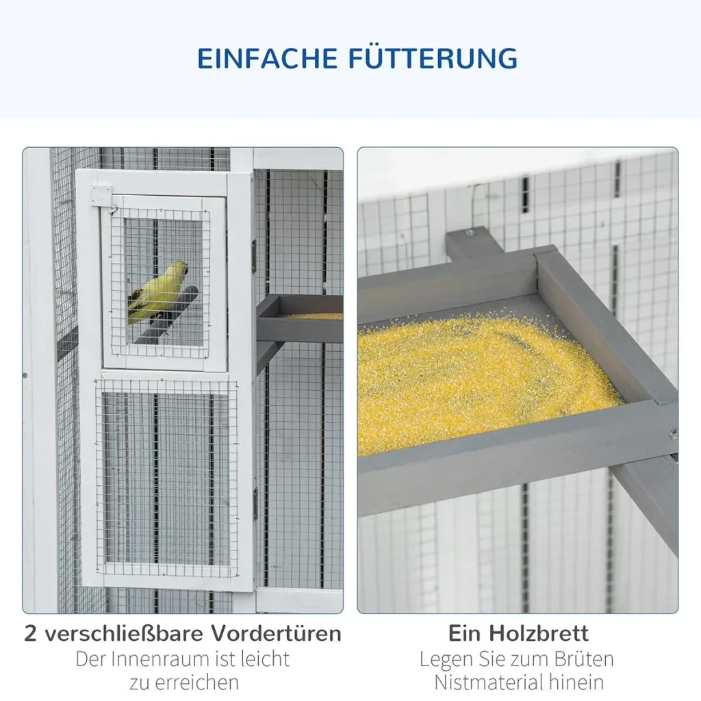Wooden bird aviary, bird cage with perch, asphalt roof, for indoor and outdoor use, waterproof, 112 x 68 x 154 cm