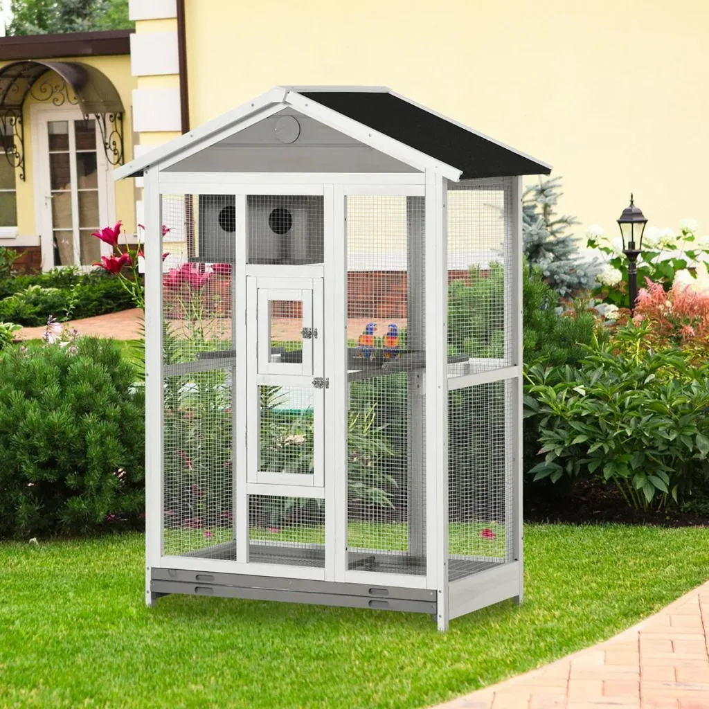 Wooden bird aviary, bird cage with perch, asphalt roof, for indoor and outdoor use, waterproof, 112 x 68 x 154 cm