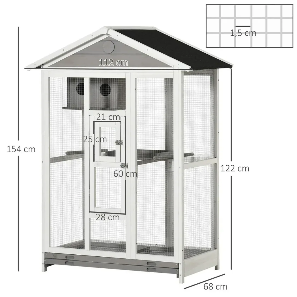Wooden bird aviary, bird cage with perch, asphalt roof, for indoor and outdoor use, waterproof, 112 x 68 x 154 cm