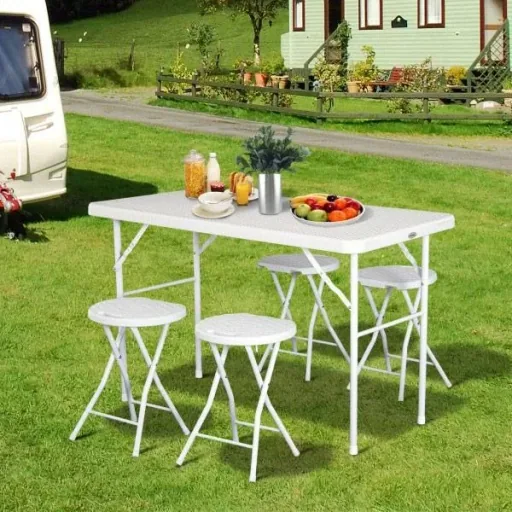 Camping table picnic table seating group 5 pcs. foldable white