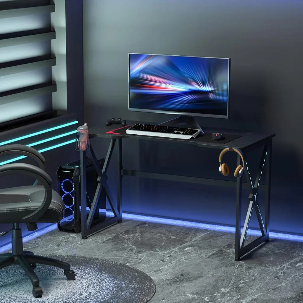 Computer desk with LED lights monitor shelf PC table desk with cup holder e-sports style office table with adjustable