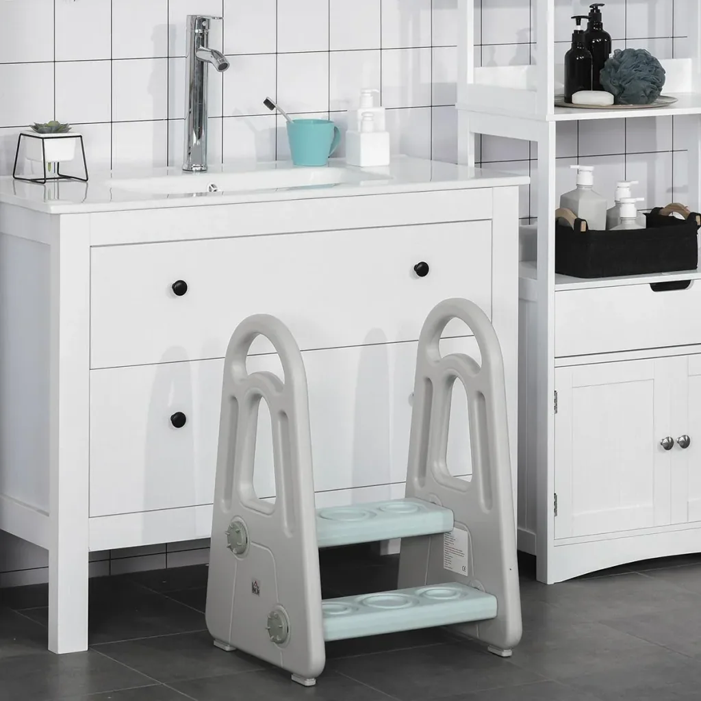 Learning tower step stool stool standing with 2 steps pyramid structure safety bathroom bedroom kitchen blue+grey for 2