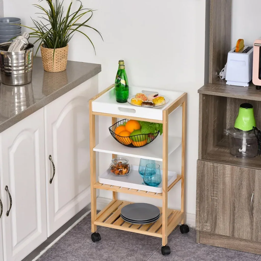 Kitchen trolley, kitchen rolling cart, serving trolley with shelf, removable tray pine white+natural 40 x 30 x 76 cm