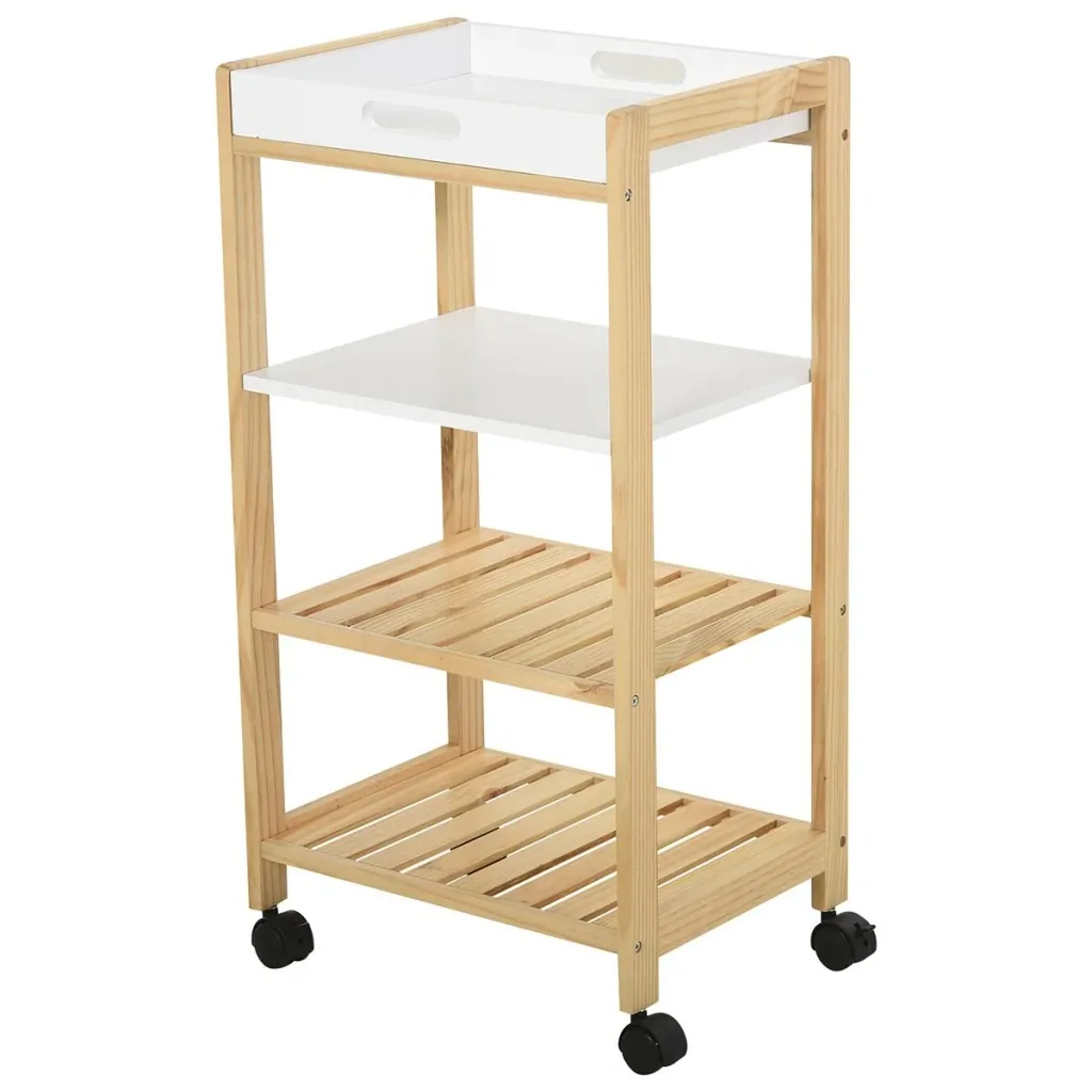 Kitchen trolley, kitchen rolling cart, serving trolley with shelf, removable tray pine white+natural 40 x 30 x 76 cm