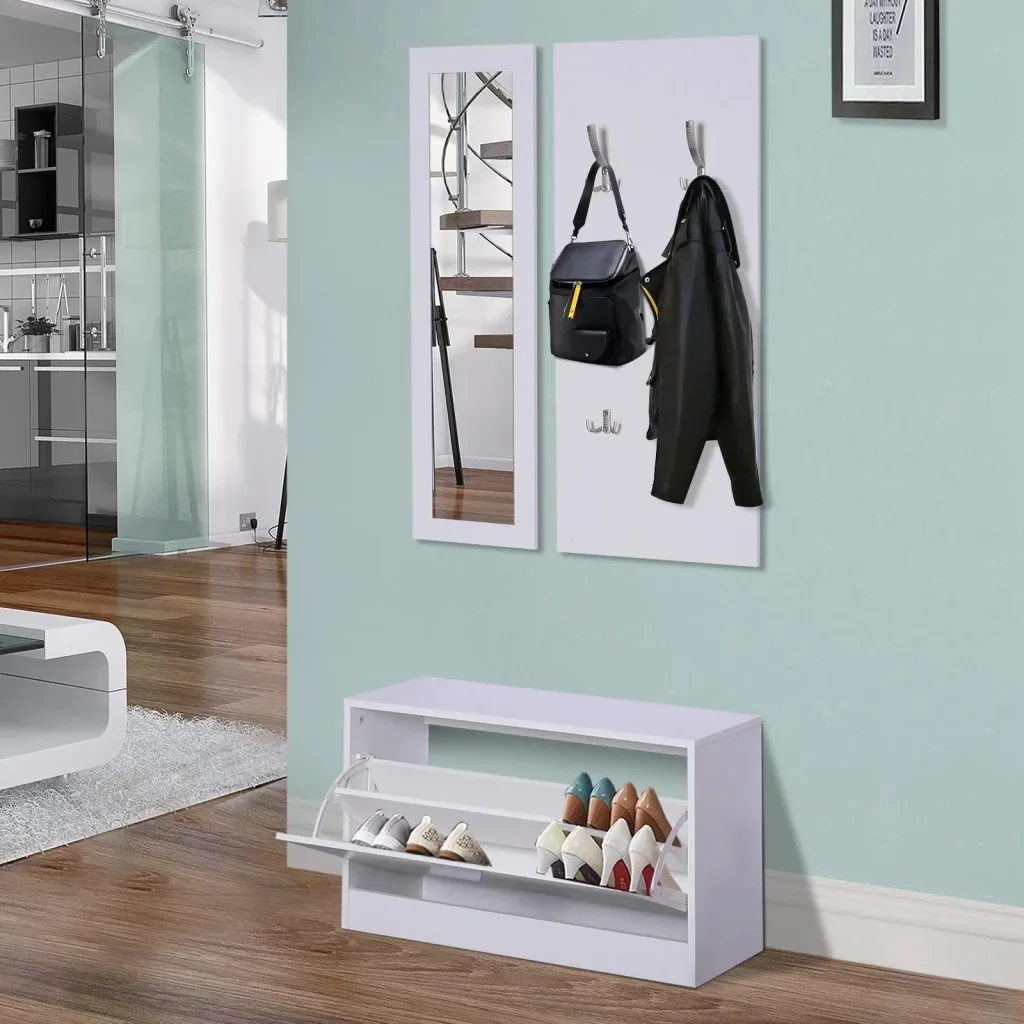 3-piece wardrobe set hallway wardrobe with shoe cabinet wardrobe wall mirror 4 hooks white 30 x 100 cm