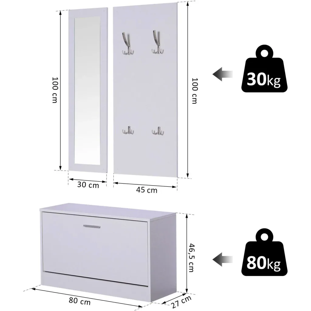 3-piece wardrobe set hallway wardrobe with shoe cabinet wardrobe wall mirror 4 hooks white 30 x 100 cm