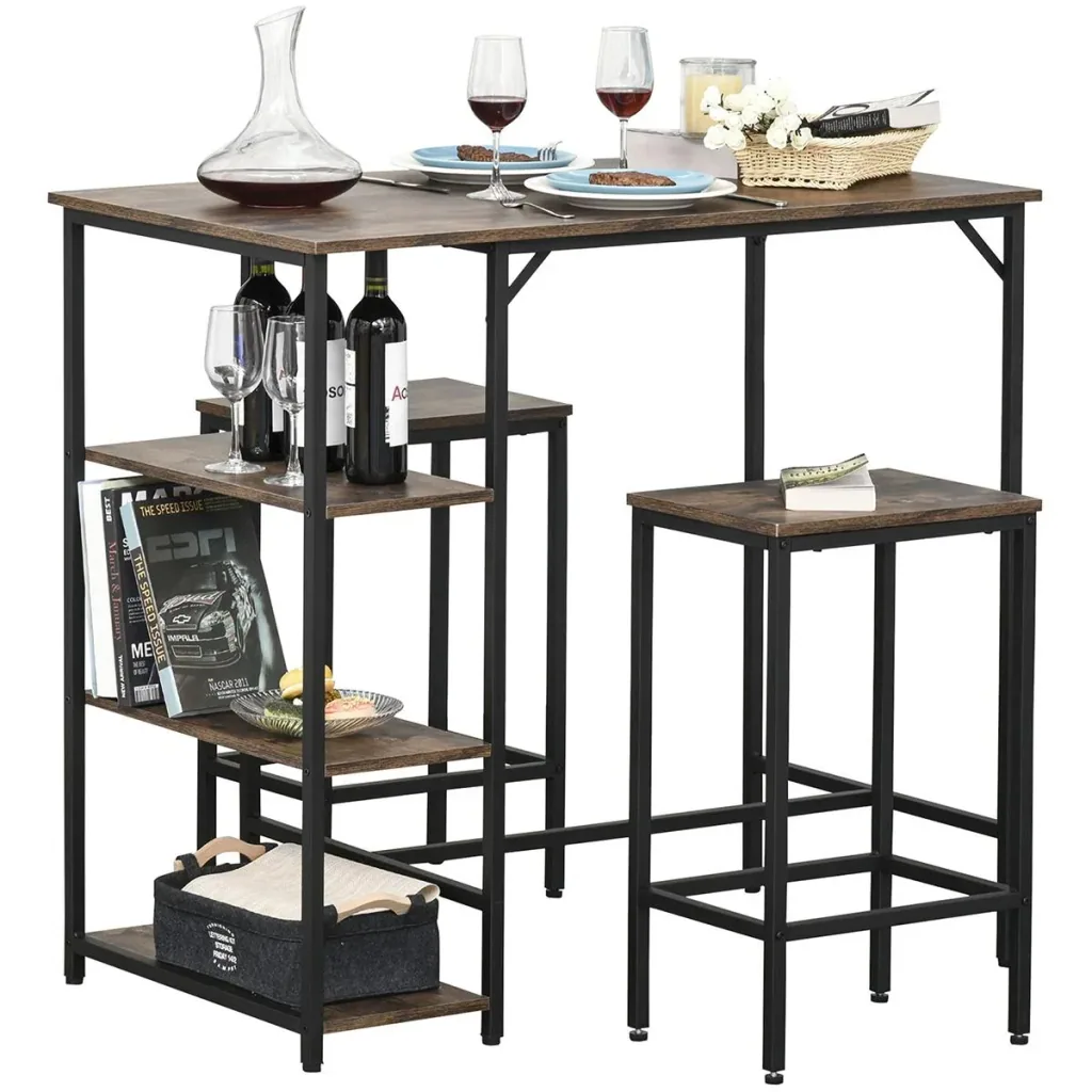 Bar table set, high table with 2 bar stools, 3-piece table set, kitchen counter with shelves, chipboard, steel, rustic brown+sc