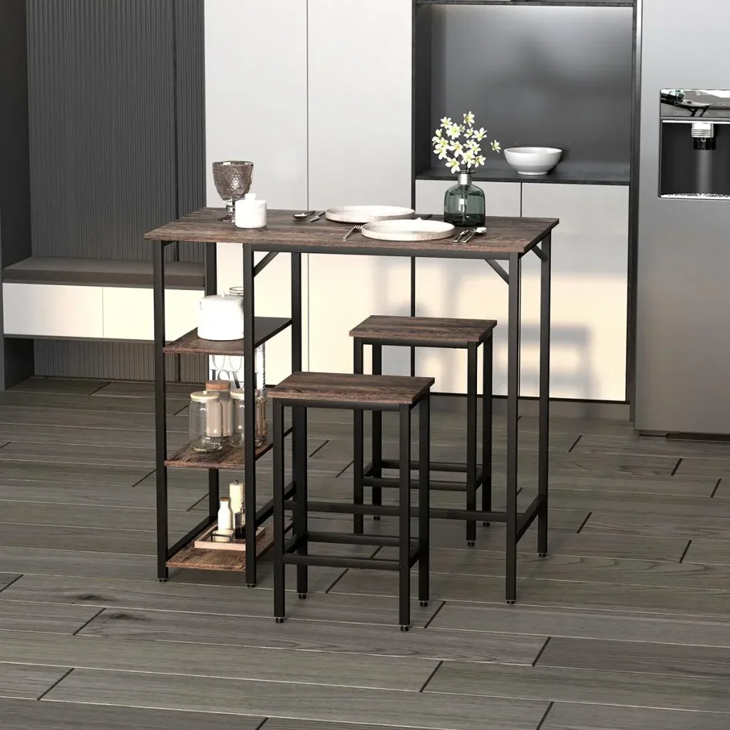 Bar table set, high table with 2 bar stools, 3-piece table set, kitchen counter with shelves, chipboard, steel, rustic brown+sc