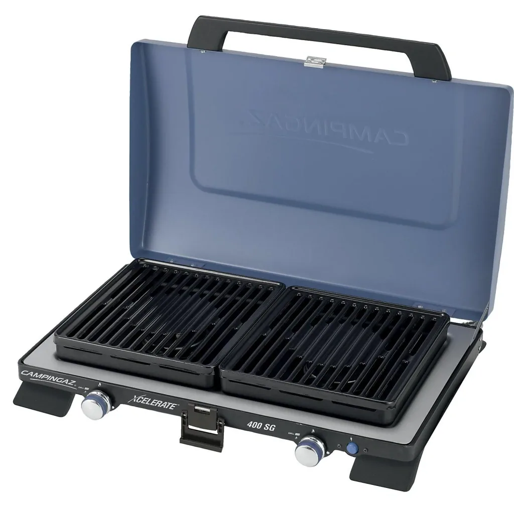 400 SG (cooker with grill plate, with Xcelerate burner) 2-burner, with 2-part grill attachment, piezo ignition and lid