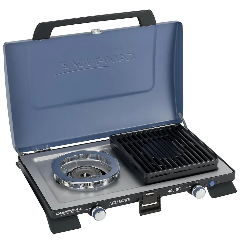 400 SG (cooker with grill plate, with Xcelerate burner) 2-burner, with 2-part grill attachment, piezo ignition and lid