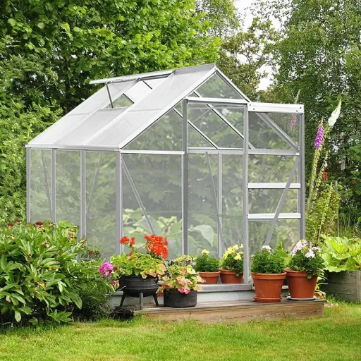 Aluminum greenhouse 5.85 m³ with skylight, gutter and foundation