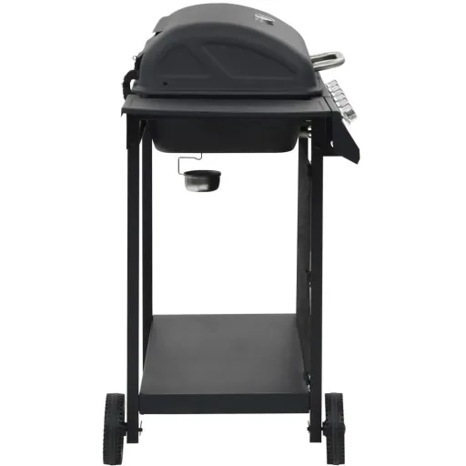 Gas grill with 6 cooking burners, black steel