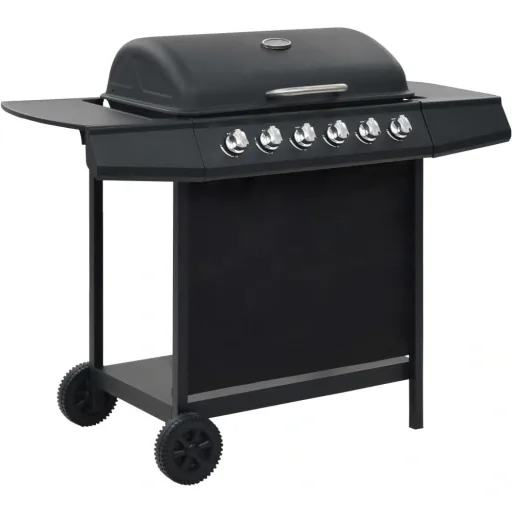 Gas grill with 6 cooking burners, black steel