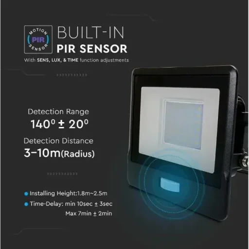 VT-138S LED Floodlight with Sensor - 30 W - 2340 Lm - 3000K - Black