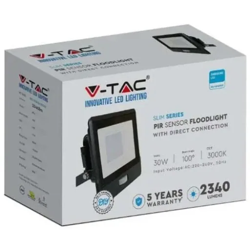 VT-138S LED Floodlight with Sensor - 30 W - 2340 Lm - 3000K - Black