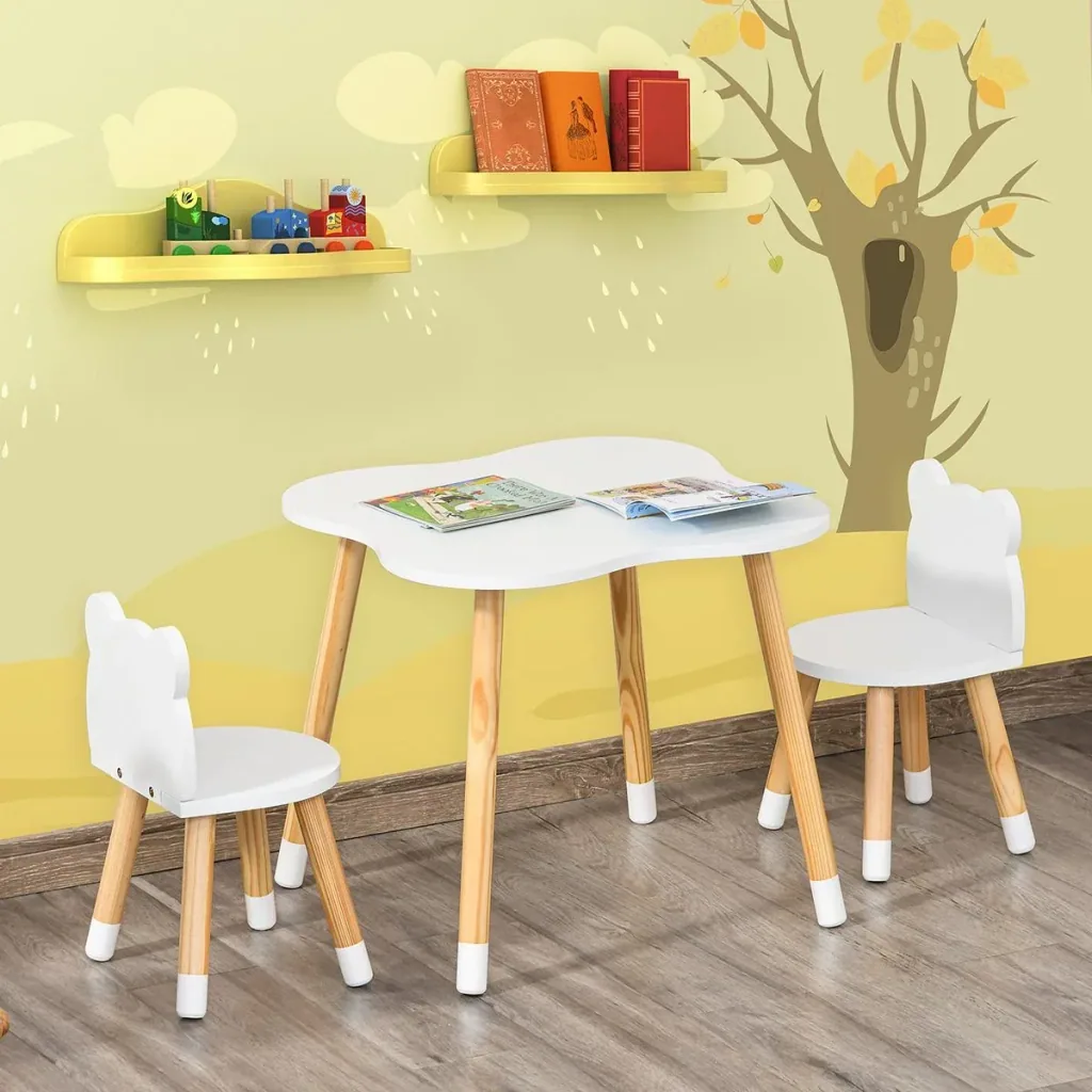 3-piece children's table set, arched children's seating group, table with 2 chairs, MDF table legs made of pine wood, white + natural wood