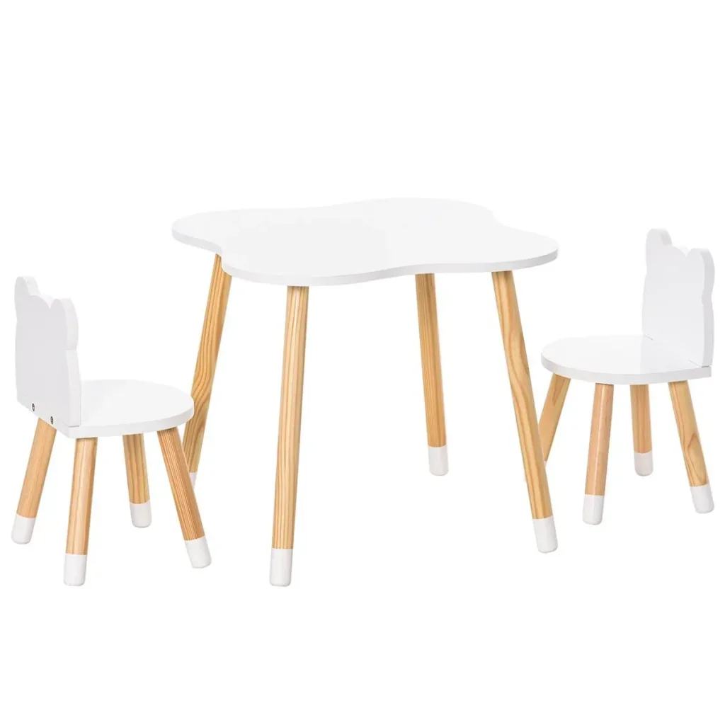 3-piece children's table set, arched children's seating group, table with 2 chairs, MDF table legs made of pine wood, white + natural wood