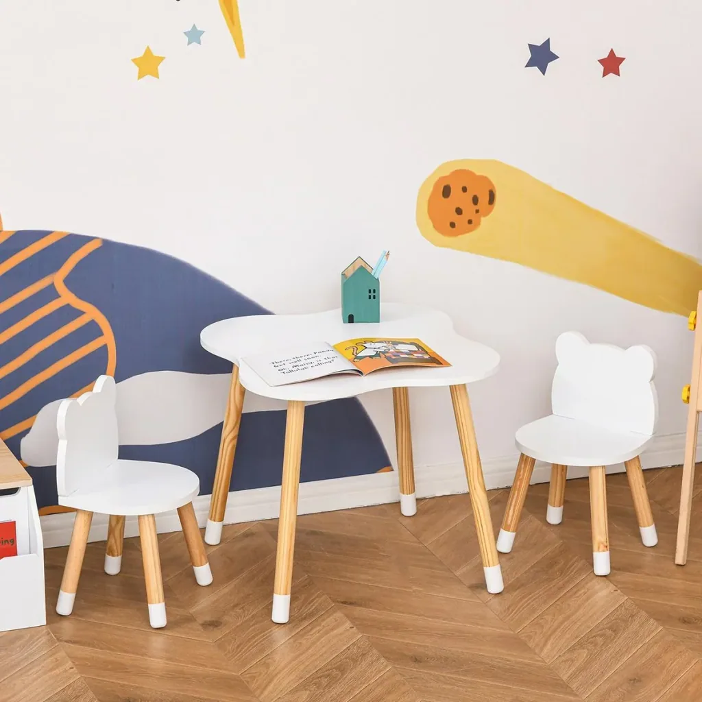 3-piece children's table set, arched children's seating group, table with 2 chairs, MDF table legs made of pine wood, white + natural wood