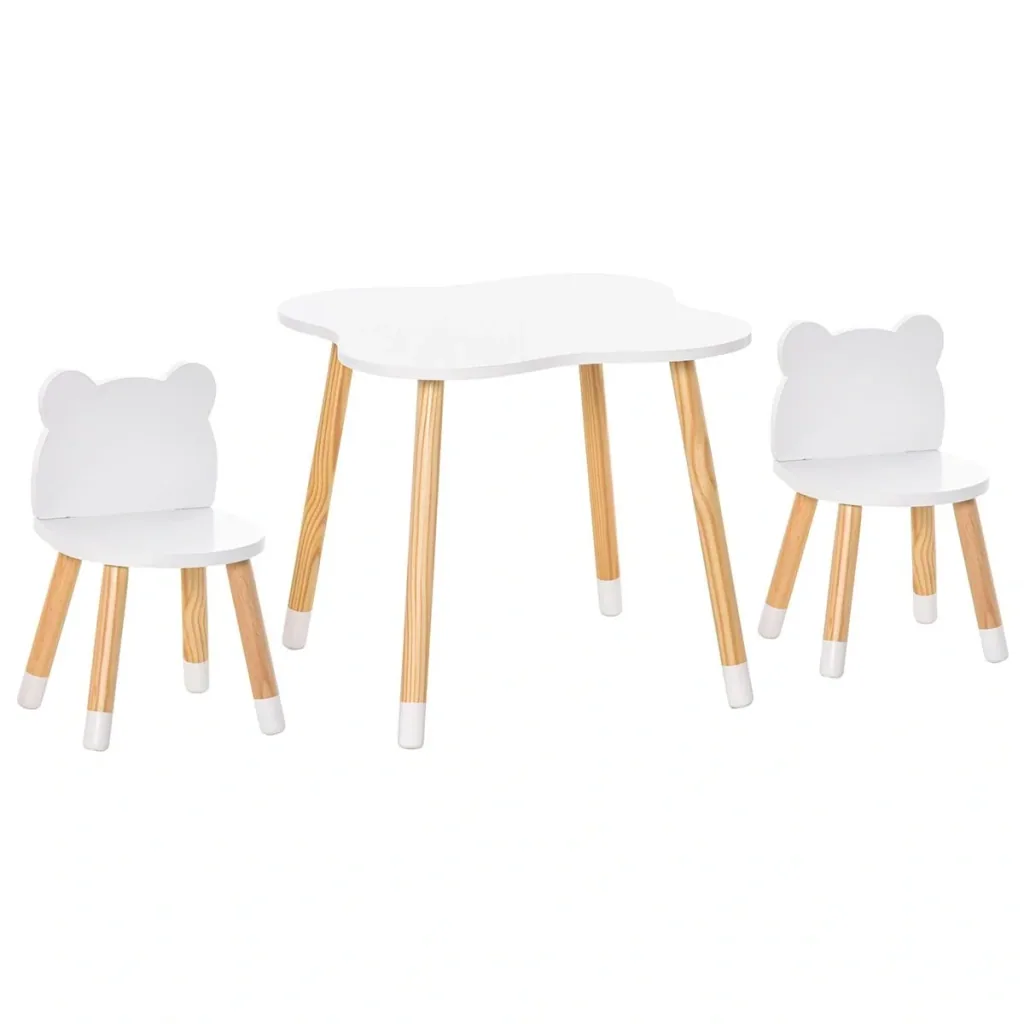 3-piece children's table set, arched children's seating group, table with 2 chairs, MDF table legs made of pine wood, white + natural wood