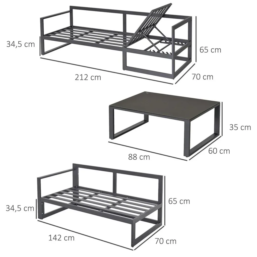 3-piece garden furniture set, 4-level adjustable garden lounger, garden set, seating group with side table, sofa with K