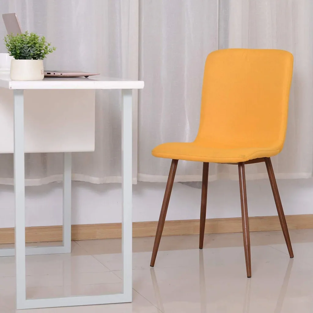 Set of 2 dining room chairs, kitchen chairs, upholstered chairs, living room chairs, linen cover, metal base, yellow, 43 x 56.5 x 85 cm
