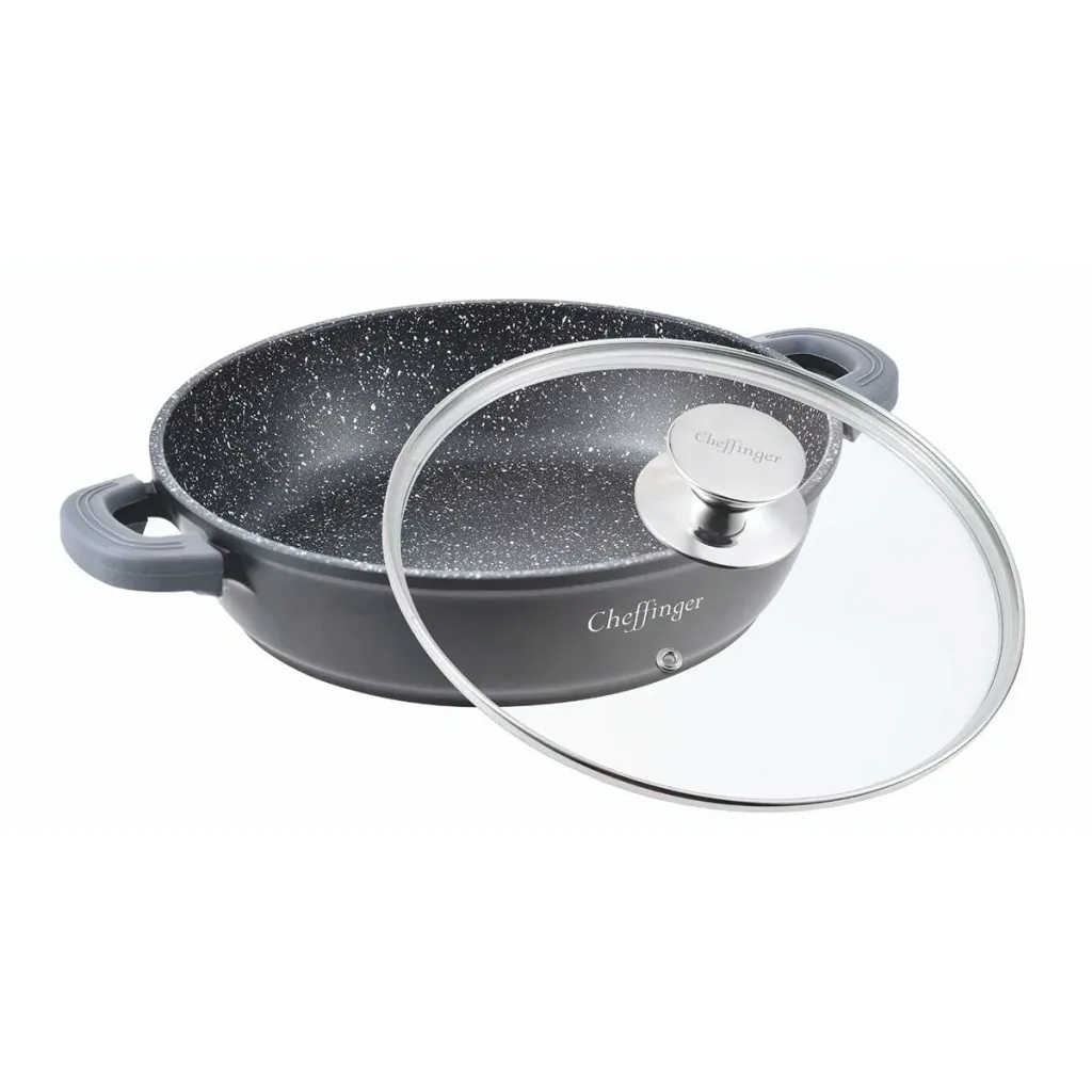 Cheffinger Casserole Dish / Low Pan / Serving Pot - Marble Coating - with Removable Silicone Handles - SS - 24cm