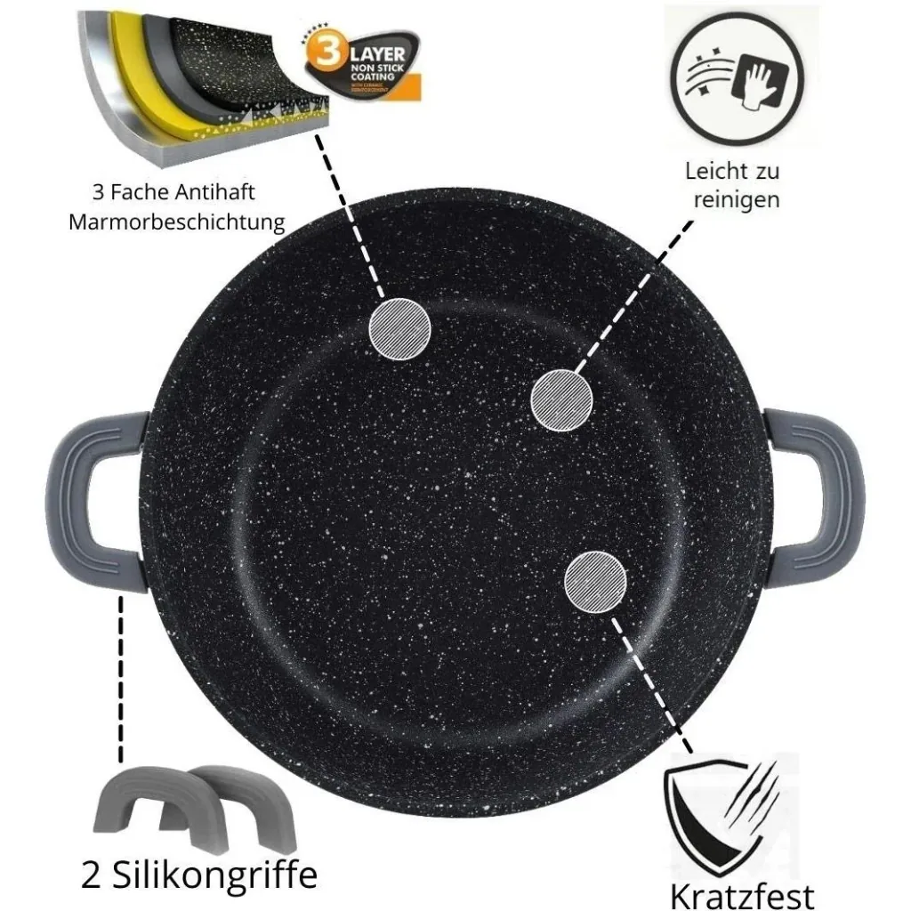 Cheffinger Casserole Dish / Low Pan / Serving Pot - Marble Coating - with Removable Silicone Handles - SS - 24cm