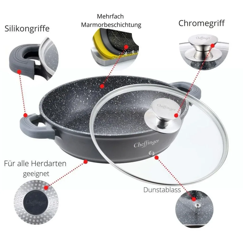 Cheffinger Casserole Dish / Low Pan / Serving Pot - Marble Coating - with Removable Silicone Handles - SS - 24cm