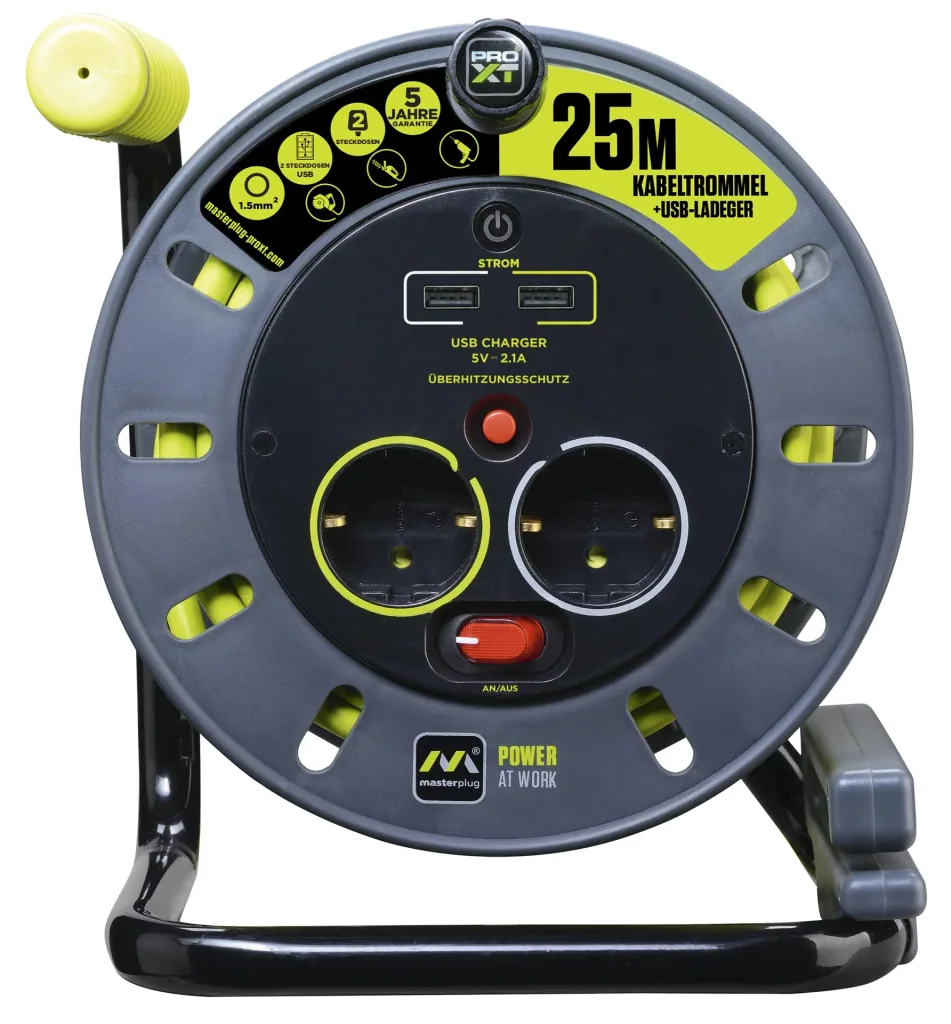 Cable reel 25 meters with 2 sockets and 2 USB ports