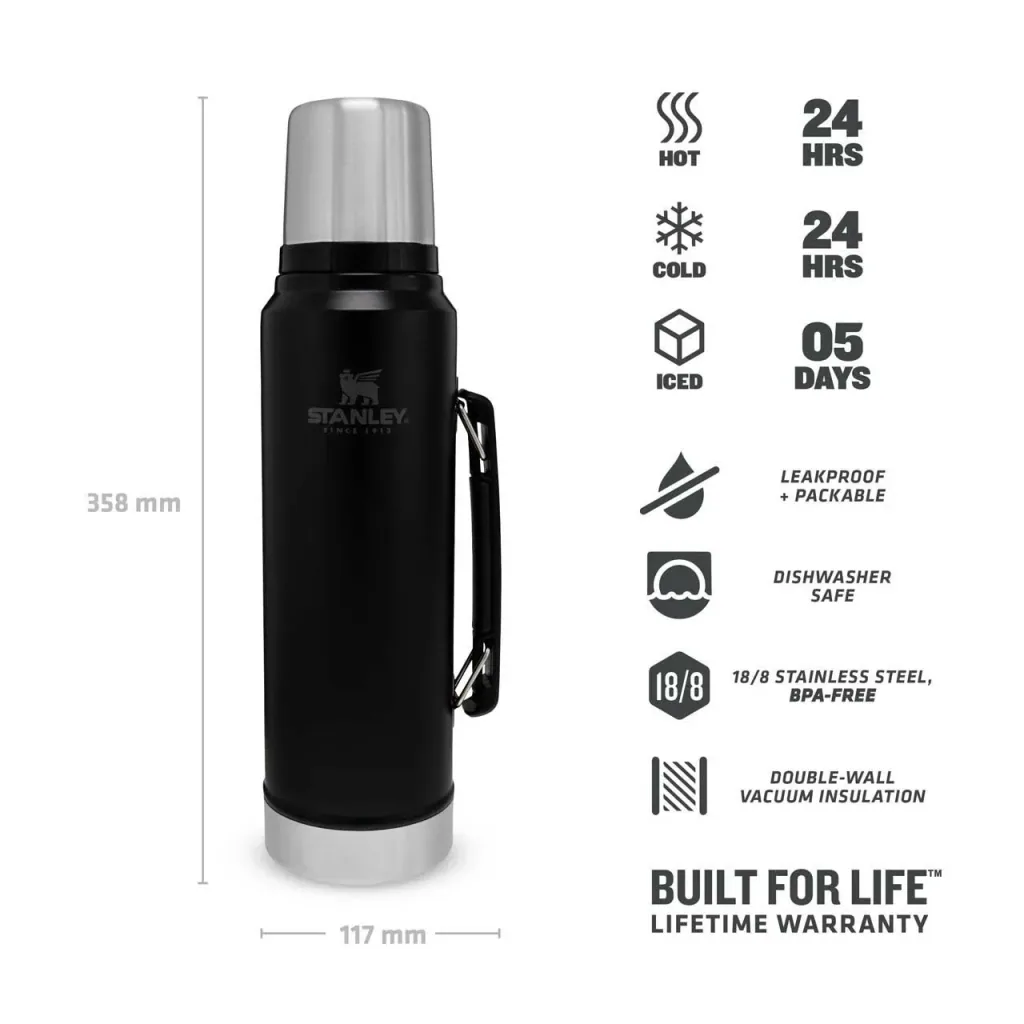 Classic vacuum bottle 1.0 l, matt black, double-walled vacuum insulation, handle, drinking cup