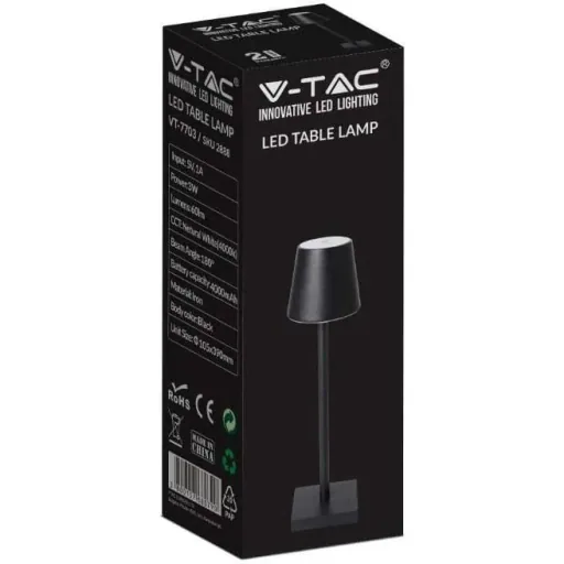 VT-7703 Table Lamp - 3000K - Dimmable via Touch - Rechargeable - Black