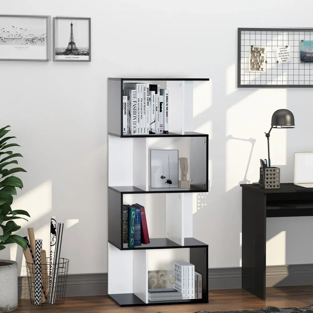 Bookshelf S-shaped standing shelf storage rack 4-tier display case with hardware buckle modern room divider particle board Sch
