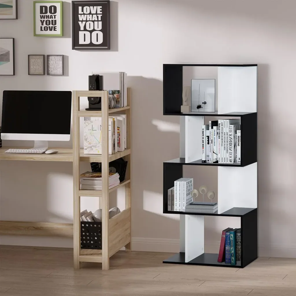 Bookshelf S-shaped standing shelf storage rack 4-tier display case with hardware buckle modern room divider particle board Sch