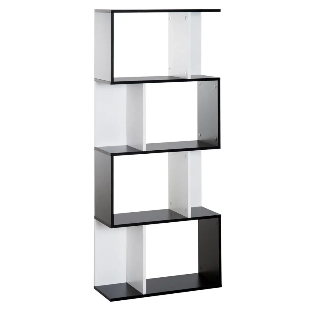 Bookshelf S-shaped standing shelf storage rack 4-tier display case with hardware buckle modern room divider particle board Sch