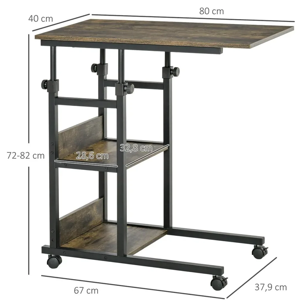 Side table coffee table with wheels, E1 chipboard, metal, black, 80x40x72-82 cm