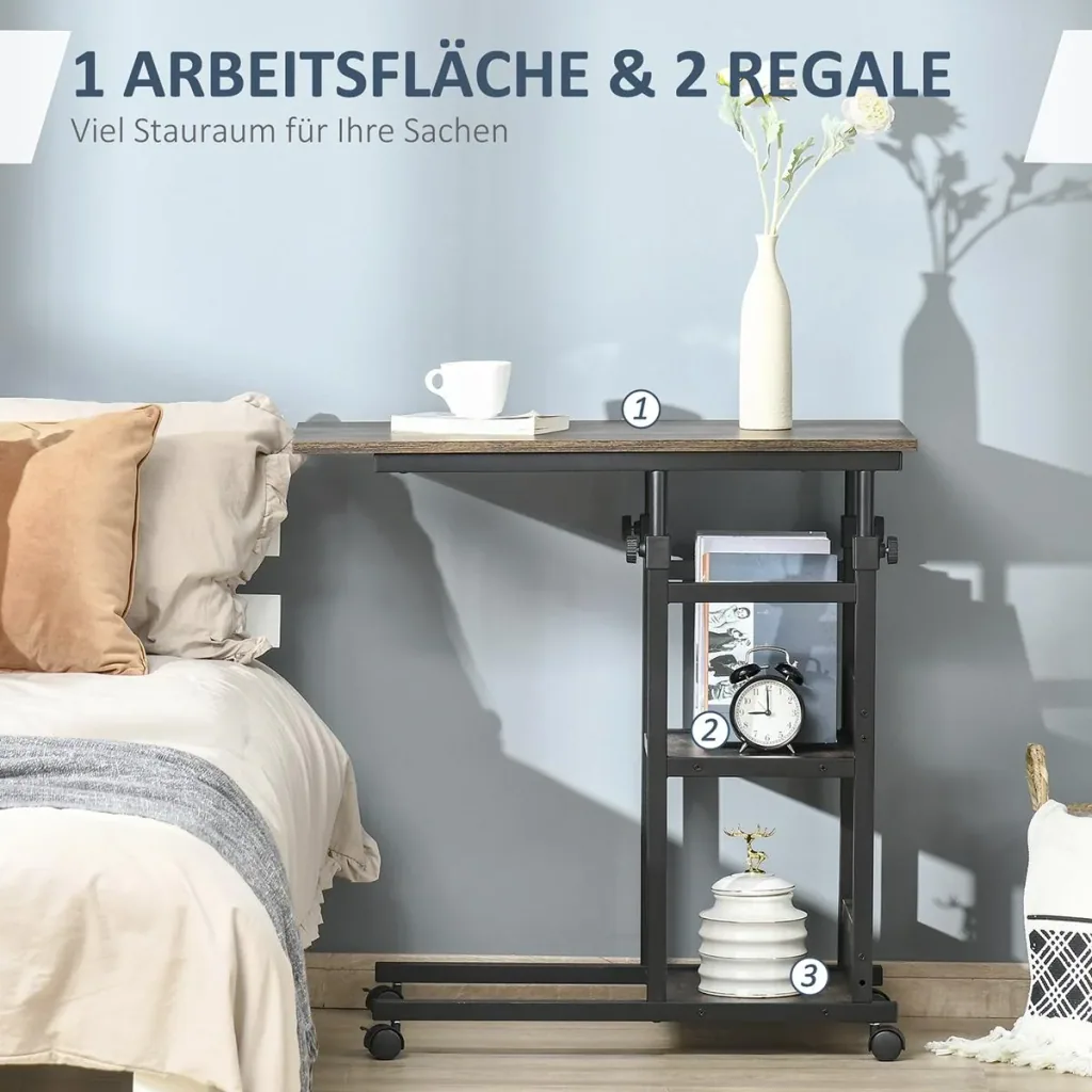 Side table coffee table with wheels, E1 chipboard, metal, black, 80x40x72-82 cm