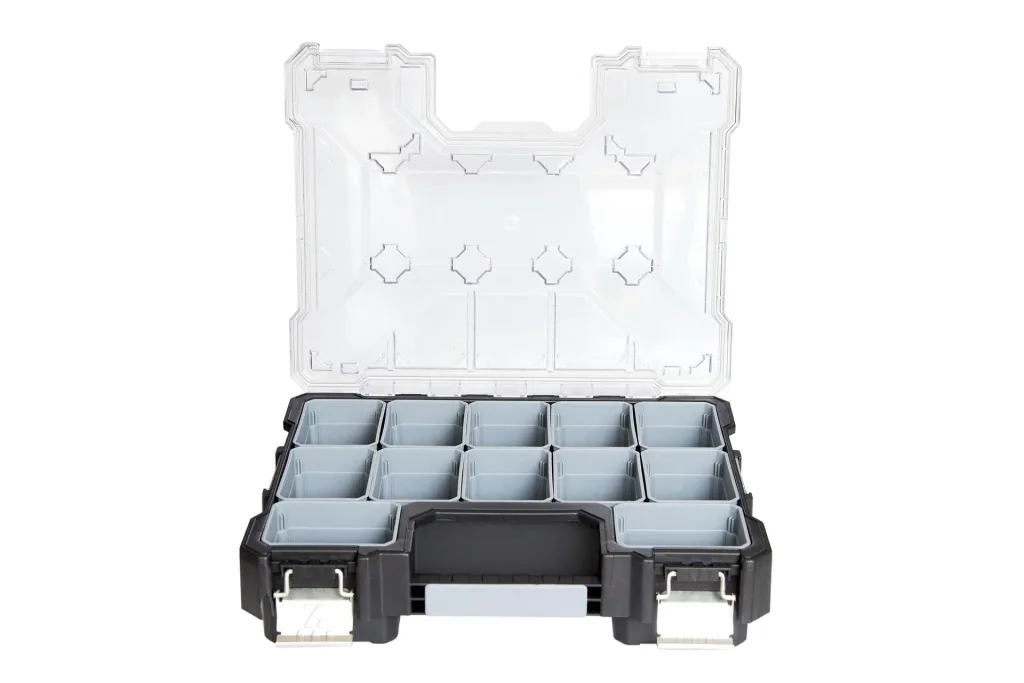 Assortment case with 12 interchangeable boxes