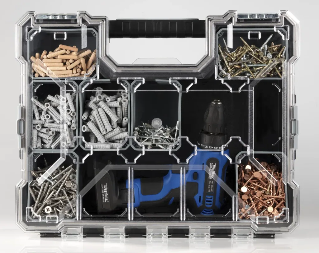 Assortment case with 12 interchangeable boxes