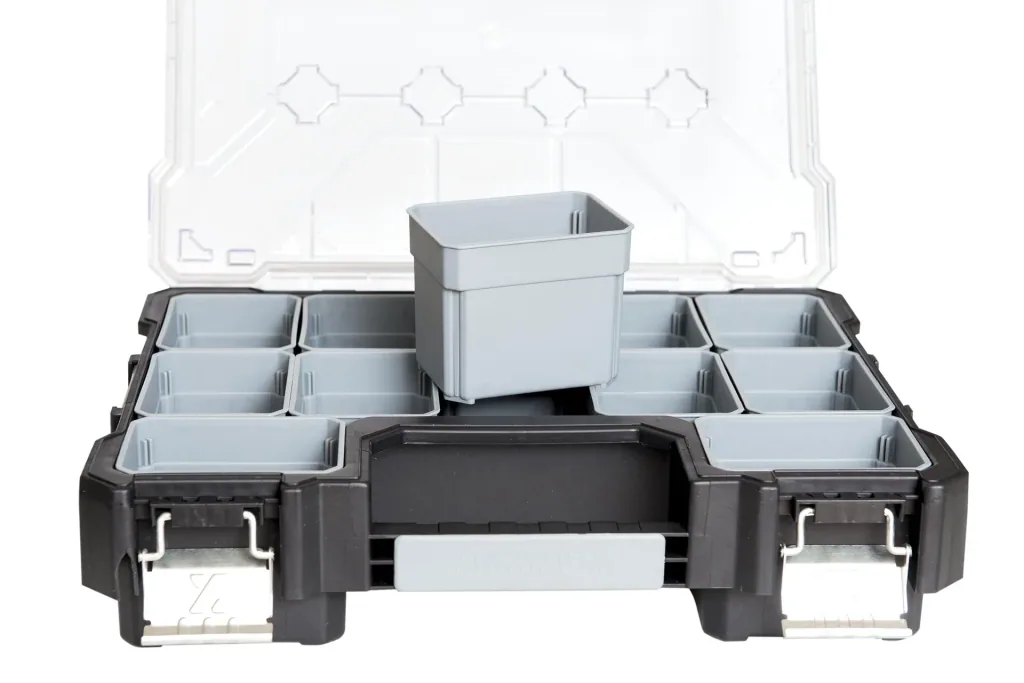 Assortment case with 12 interchangeable boxes